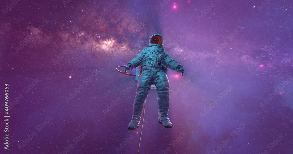 Poster an astronaut in spacesuit floating in open space against stars nebulas galaxy core and milky way tra