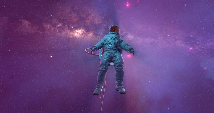 An astronaut in spacesuit floating in open space against stars nebulas galaxy core and Milky way track on background