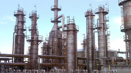 Oil Gas Refinery Distillation Refraction Towers Pipeline 3D rendered