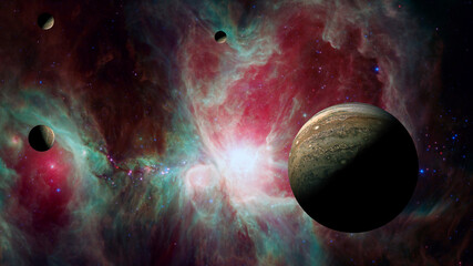 View of Jupiter, the fifth planet of the Solar System, with nebula. Elements of this image furnished by NASA. Science fiction wallpaper.