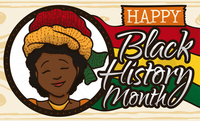 Happy Dark Skinned Woman with Turban Celebrating Black History Month, Vector Illustration