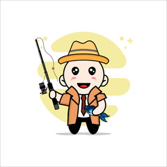 Cute detective character holding a fishing rod.