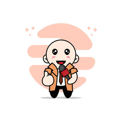 Cute detective character holding a microphone.