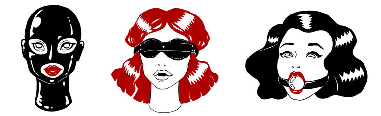 Sexy set with attractive elegant vintage BDSM girls with ball gag, latex mask and blindfold. Isolated on white background. Graphic erotic illustration collection. 