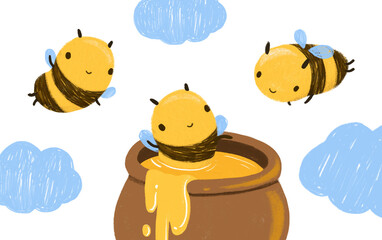 Hand drawn cute Kawaii Happy Funny Honey Bee flying in the sky, clouds with honey pot, jar. Isolated on white background