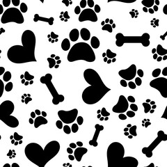 Fototapeta na wymiar Seamless pattern with hearts and paw prints of animals. Vector footprint tile background repeat wallpaper illustration. Creative texture for fabric, wrapping, textile, wallpaper, apparel. Surface pat