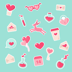 Obraz premium Set of valentine's day symbols on turquoise background. Valentines day pink flat icons - stickers. Symbols of love - heart, valentine, key, lock, message, glasses, bubble, elixir, envelope, balloons.