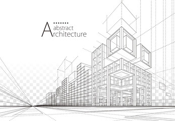 Architecture building construction perspective design,abstract modern urban building line drawing. - obrazy, fototapety, plakaty