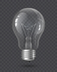 Realistic Light Bulb with transparency isolated on a checkered background. Incandescent Lamp, Glass Lamp object. Design element, clipart, symbol, icon. Electricity concept