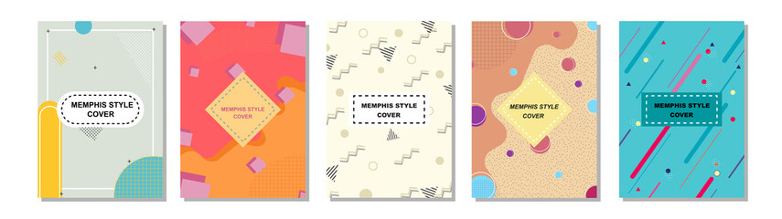 Set of Memphis Style Covers. Flat Vector Illustrations for Background, Brochures, Posters and Banners.