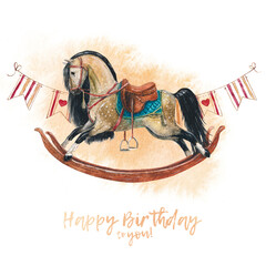 Vintage watercolor rocking horse, happy birthday, gift card