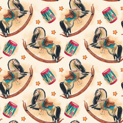 Seamless pattern with rocking horse
