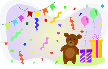 birthday concept with teddy bear, gifts and balloon vector
