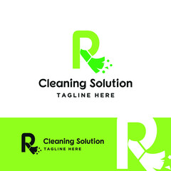 R initial letter combine with broom for cleaning service, house maintenance, repair, housecleaning, logo vector template concept