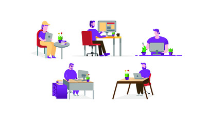 Work From Home with man illustration Flat Design Set