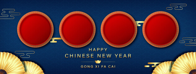 Happy Chinese new year and Gong Xi Fa Cai banner blue background with empty red circles for your texts or pictures on oriental wave pattern