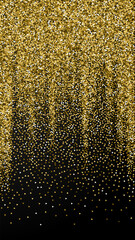 Gold triangles glitter luxury sparkling confetti. Scattered small gold particles on black background. Enchanting festive overlay template. Appealing vector background.