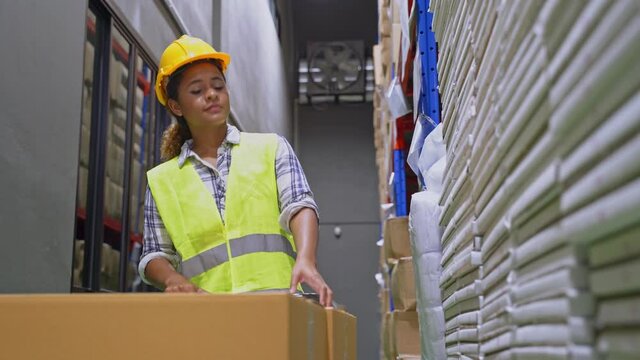 African-american female worker counting product on shelve in warehouse