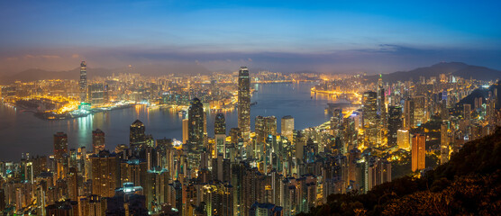 Fototapeta na wymiar Victoria Harbor view from the Peak at Dawn, Hong Kong 