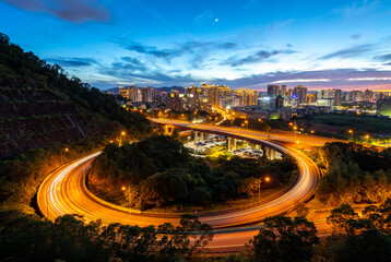 Car light trails of interchange, Xindian, Taipei, Taiwan