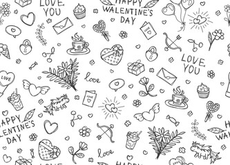 Seamless vector pattern for Valentine's Day, black and white sketch with lines. For packaging paper, printing, wallpaper, or fabric.