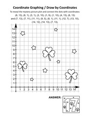 Coordinate graphing, or draw by coordinates, math worksheet with St Patrick's Day mystery picture of number 17 for March seventeenth. Answer included.
