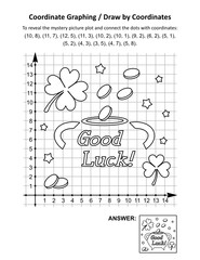 Coordinate graphing, or draw by coordinates, math worksheet with St Patrick's Day mystery picture of pot-of-gold. Answer included.
