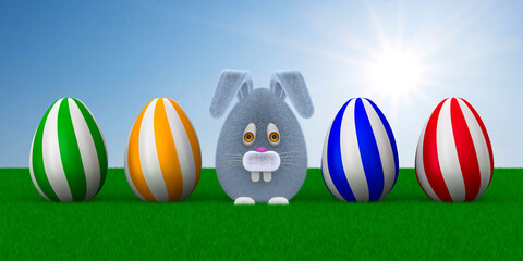 cartoon rabbit and eggs and grass on sky background. 3D illustration