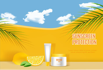 Design sun protection cosmetic products with moisturizing cream, sunshine and sky background