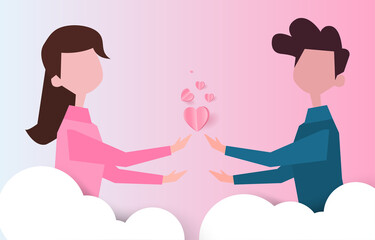 Paper cut elements in shape of young people and heart flying on pink and sweet background. Vector symbols of love for Happy Valentine's Day, birthday greeting card design.