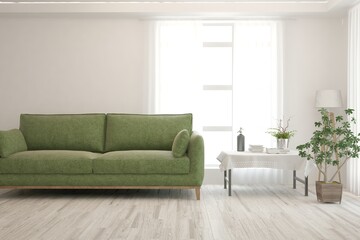 White living room with sofa. Scandinavian interior design. 3D illustration