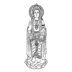 Lord Murugan classic statue drawing, God of war, son of Shiva and Parvati also known as Skanda. Vector.