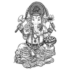 Illustration of Lord Ganpati or Ganesha. Ganesh Chaturthi festival for Prayer to Lord Ganesha birth. Hand drawn classic design.