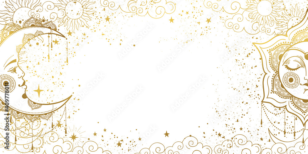 Wall mural white magic background with sleeping golden sun with face and crescent moon, space pattern with copy