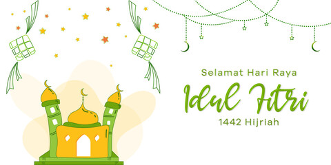 Selamat hari Raya Idul Fitri, Aidil Fitri, the celebration of islamic day after fully fasting at ramadan month with set of Ketupat the symbol of indonesian traditional food, mosque, crescent moon.