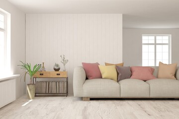 Fototapeta premium White living room with sofa. Scandinavian interior design. 3D illustration