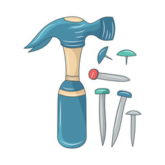 Simple Hammer with nails, colored Line art vector illustration