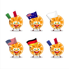 Slice of kumquat cartoon character bring the flags of various countries