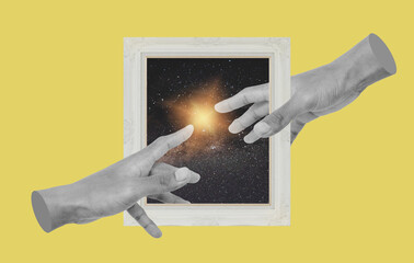 Digital collage modern art. Hands reaching with picture frame