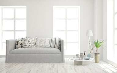 White living room with sofa. Scandinavian interior design. 3D illustration