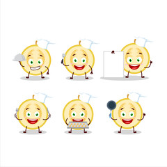 Cartoon character of slice of yellow melon with various chef emoticons