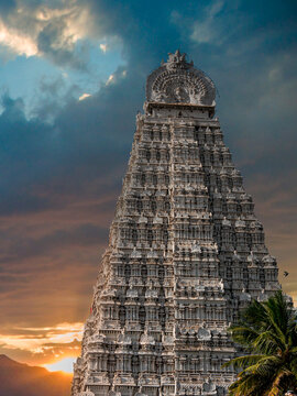 South Indian Temple tower with a beautiful and vibrant  sunset