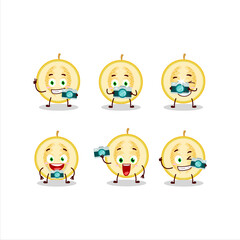 Photographer profession emoticon with slice of yellow melon cartoon character