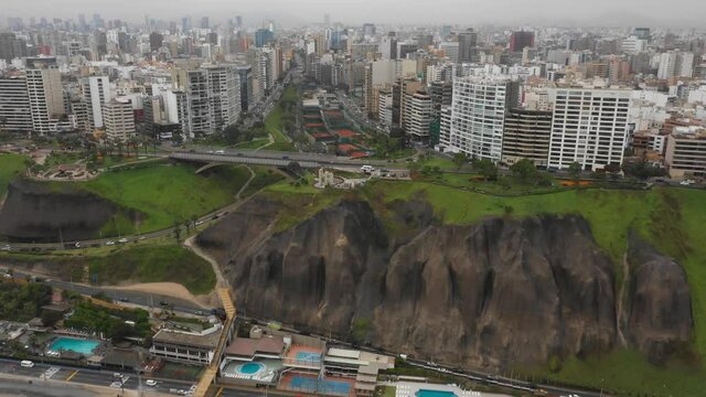 Aerial view of Miraflores district in Lima, Peru on a cloudy day