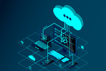 Vector 3d isometric illustration network with computer, laptop, tablet, and smartphone. Cloud storage 3d isometric technology concept. Isometric cloud technology with cloud. Modern cloud technologies.