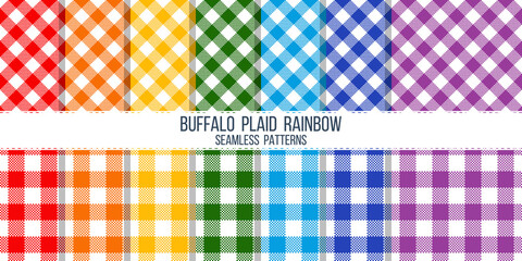 rainbow colored buffalo plaid vector seamless pattern set