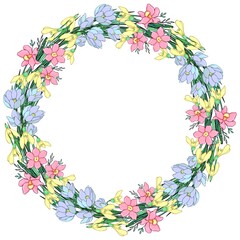 Obraz na płótnie Canvas A wreath of wildflowers. Line art. Decorative isolated element for design.
