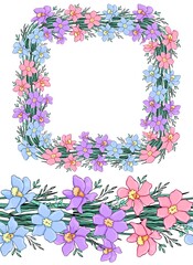 Frame and seamless border of wildflowers. Line art. Decorative isolated element for design.