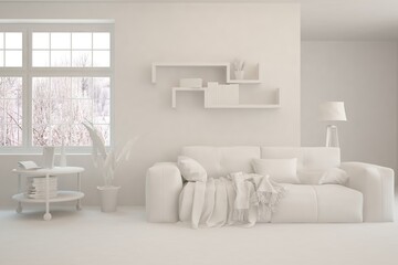 Mock up of stylish room in white color with sofa and winter landscape in window. Scandinavian interior design. 3D illustration