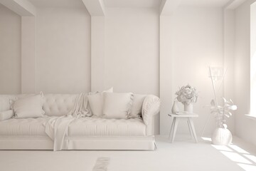 White minimalist living room with sofa. Scandinavian interior design. 3D illustration